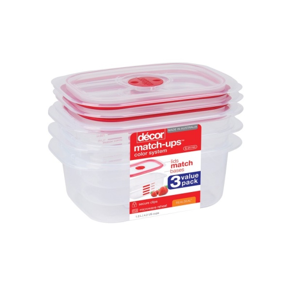DECOR / Набор контейнеров пищевых PREMIUM MATCH UPS REALSEAL с клапаном 1л 3шт (101072)