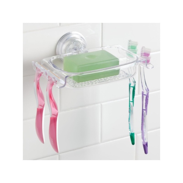 InterDesign / Мыльница с держателем для мыла, зубных щеток и бритв Rain на присоске пластиковая (100878)